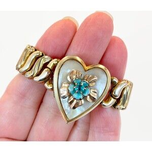 Sweetheart Bracelet, Locket, Expansion Gold Filled Heart Vintage Mother of Pearl